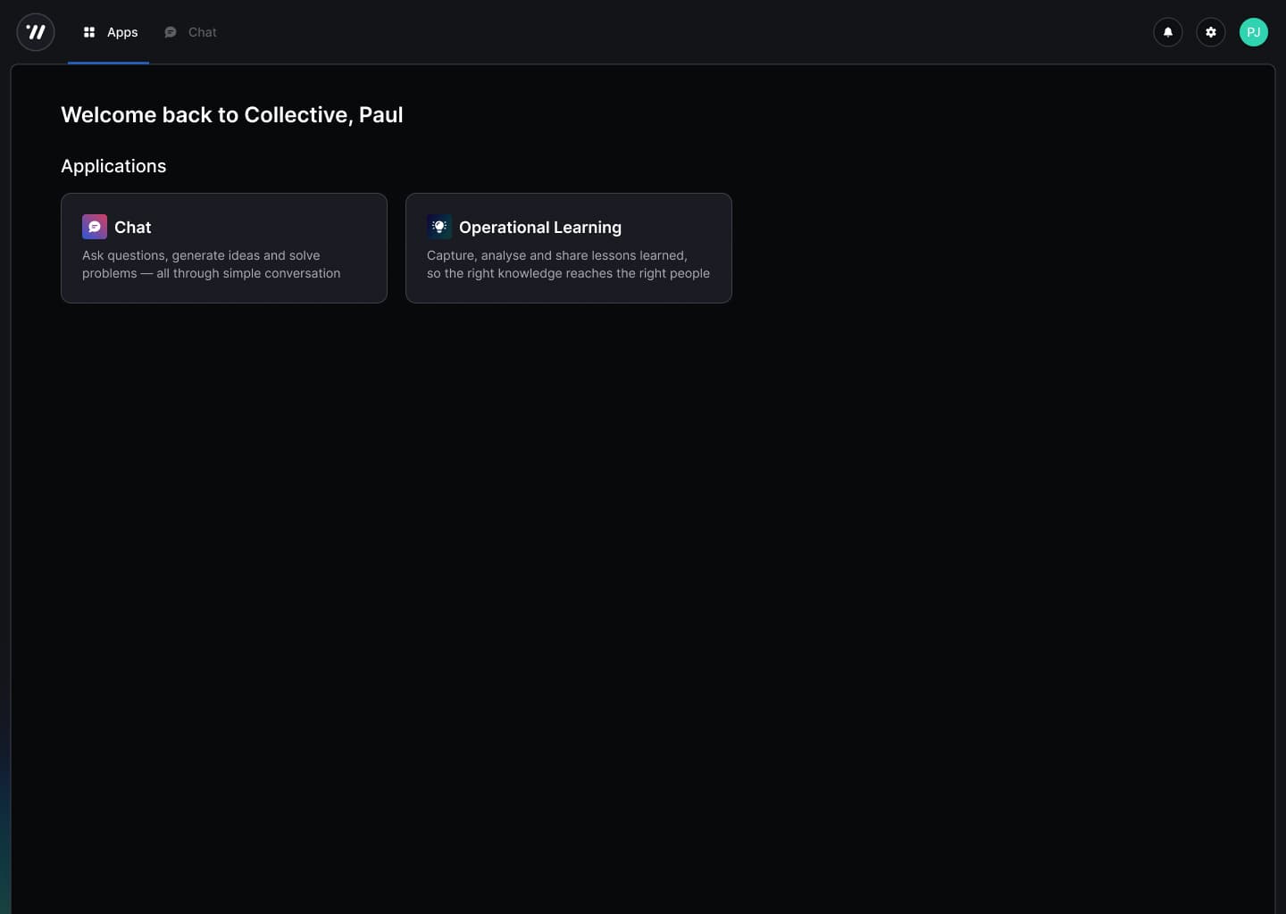 The Collective platform dashboard showing the Apps view with Chat and Operational Learning